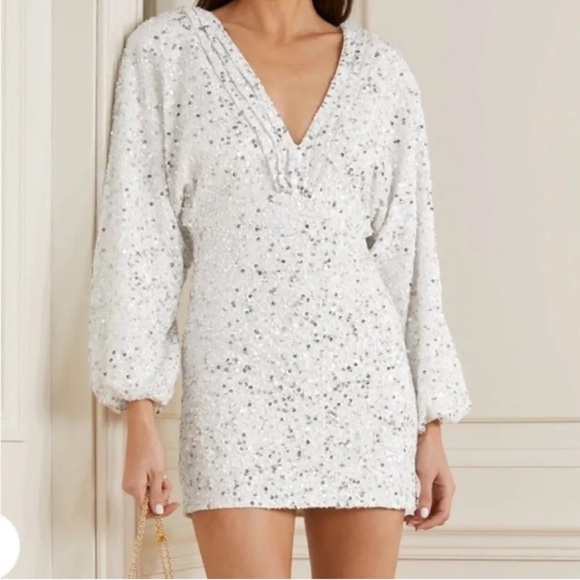 Retrofete Aubrielle Sequin Chiffon Mini Dress - White Silver - Picture 1 of 8